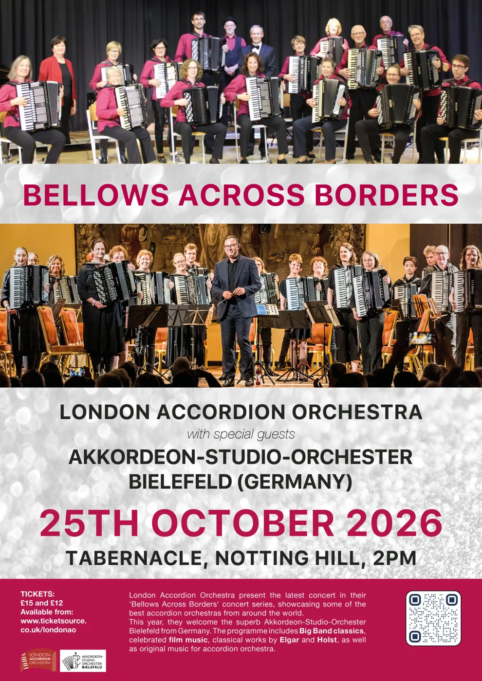 Concert poster for Bellows Across Borders: London Accordion Orchestra with special guests Akkordeon-Studio-Orchester Bielefeld (Germany), 25th October 2026, Tabernacle, Notting Hill, 2pm. Tickets £15 and £12 from ticketsource.co.uk/londonao